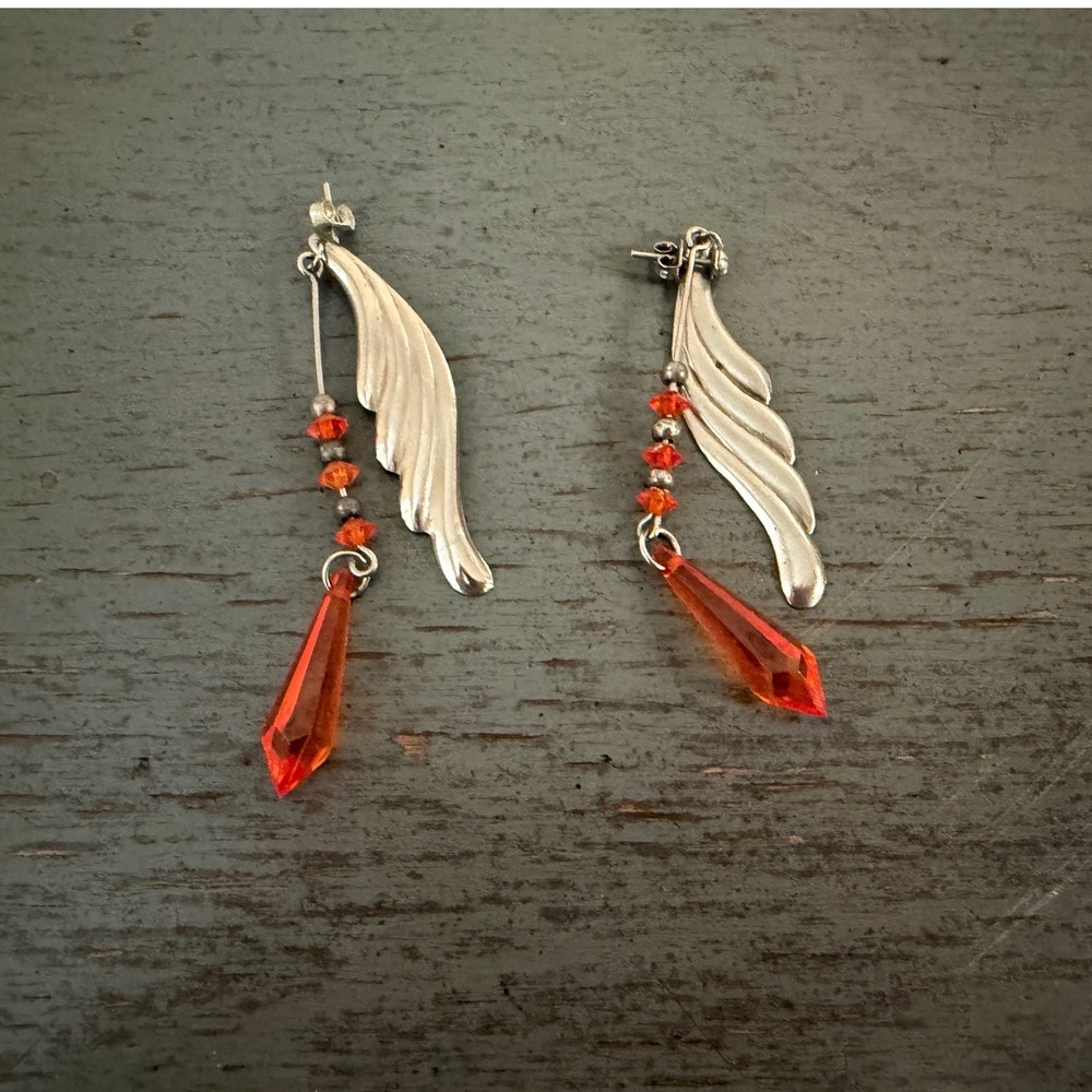 Silver Tone Wing Drop Earring with Orange Crystal Point Single Statement Piece